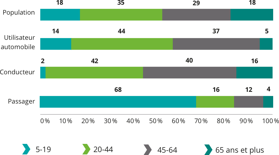 Population: 5-19 18%, 20-44 35%, 45-64 29%, 65 ans et plus 18%. Utilisateur automobile: 5-19 14%, 20-44 44%, 45-64 37%, 65 ans et plus 5%. Conducteur: 5-19 2%, 20-44 42%, 45-64 40%, 65 ans et plus 16%. Passager: 5-19 68%, 20-44 16%, 45-64 12%, 65 ans et plus 4%.