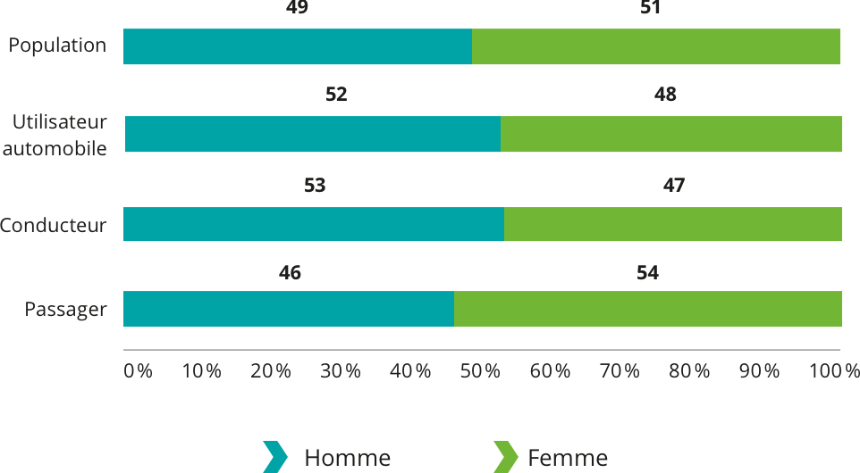 Population: Homme 49%, Femme 51%. Utilisateur automobile: Homme 52%, Femme 48%. Conducteur: Homme 53%, Femme 47%. Passager: Homme 46%, Femme 54%.