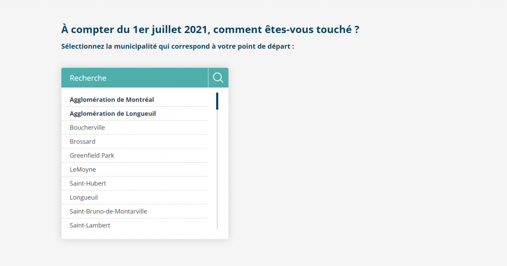 Outil de recherche permettant d'entrer le nom de la municipalité ou de rechercher la municipalité dans une liste.