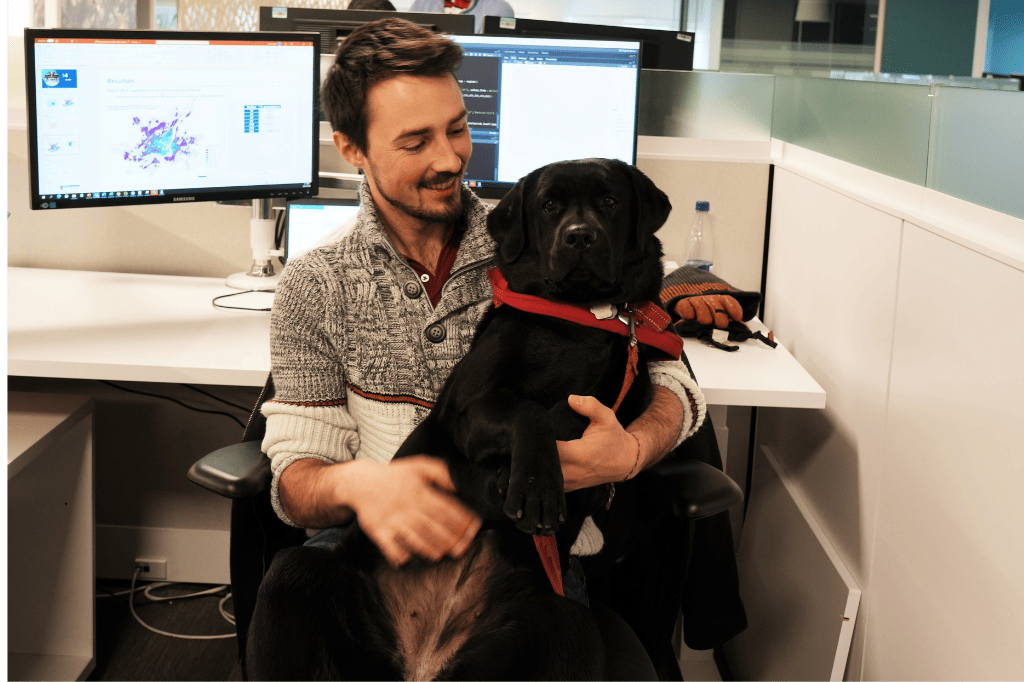 Le chien-guide en compagnie de son maître à son emplacement de bureau.
