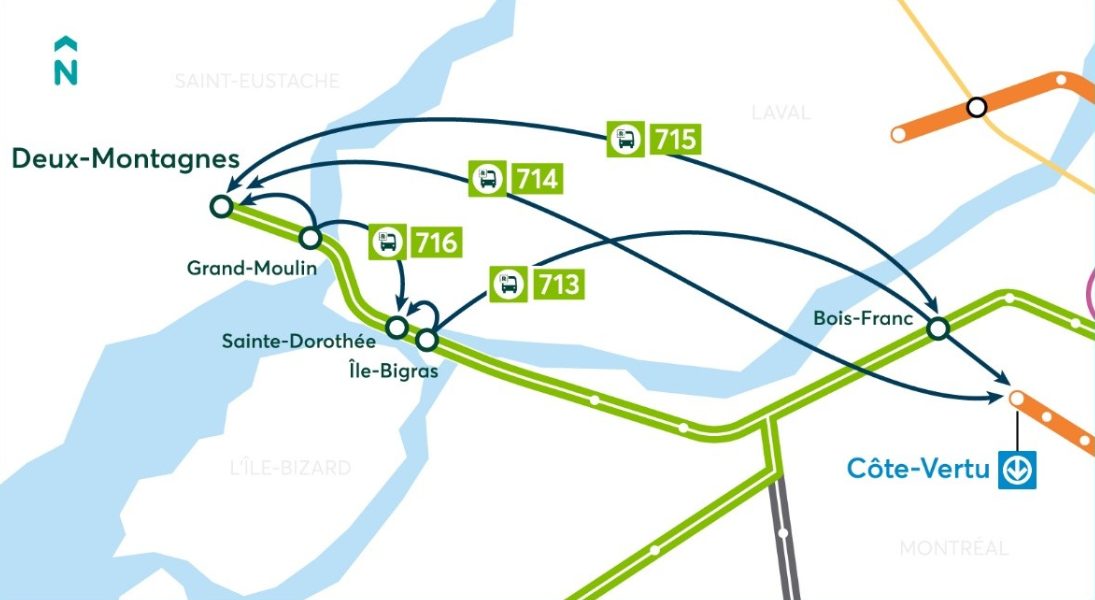 Carte et plan de relève en cas d’interruption du REM - Deux-Montagnes